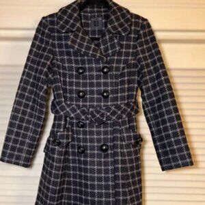 Retro Orla Kiely Belted Wool Plaid Pea Coat Trench, size 6 RARE Twee